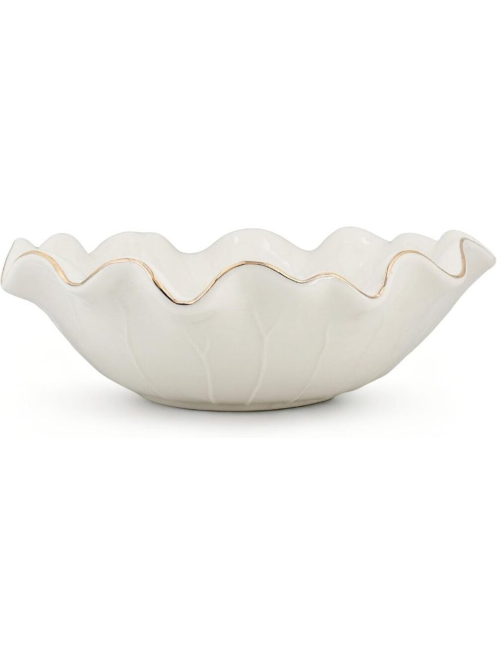 Large 10-Inch White Ceramic Ruffle Bowl with Gold Trim - Modern Centerpiece for